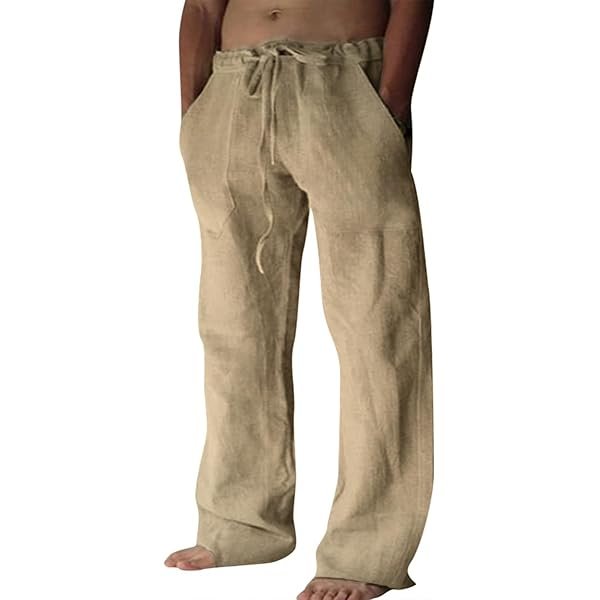 Cotton Linen Pants Men Casual Loose Fit Elastic Drawstring Waist Summer Beach Pants